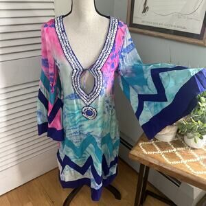 TASHIA LONDON Womens Dress XXS Blue Abstract Silk Cover Up Artsy Bohemian Chic